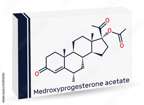 Medroxyprogesterone acetate, MPA, depot medroxyprogesterone acetate, DMPA molecule. It is progestin hormone drug, contraceptive. Skeletal chemical formula. Paper packaging for drugs