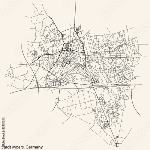 Detailed navigation black lines urban street roads map of the CITY OF MOERS of the German regional capital area of Moers, Germany on vintage beige background