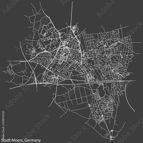 Detailed negative navigation white lines urban street roads map of the Street roads map of the CITY OF MOERS of the German regional capital area of Moers, Germany on dark gray background