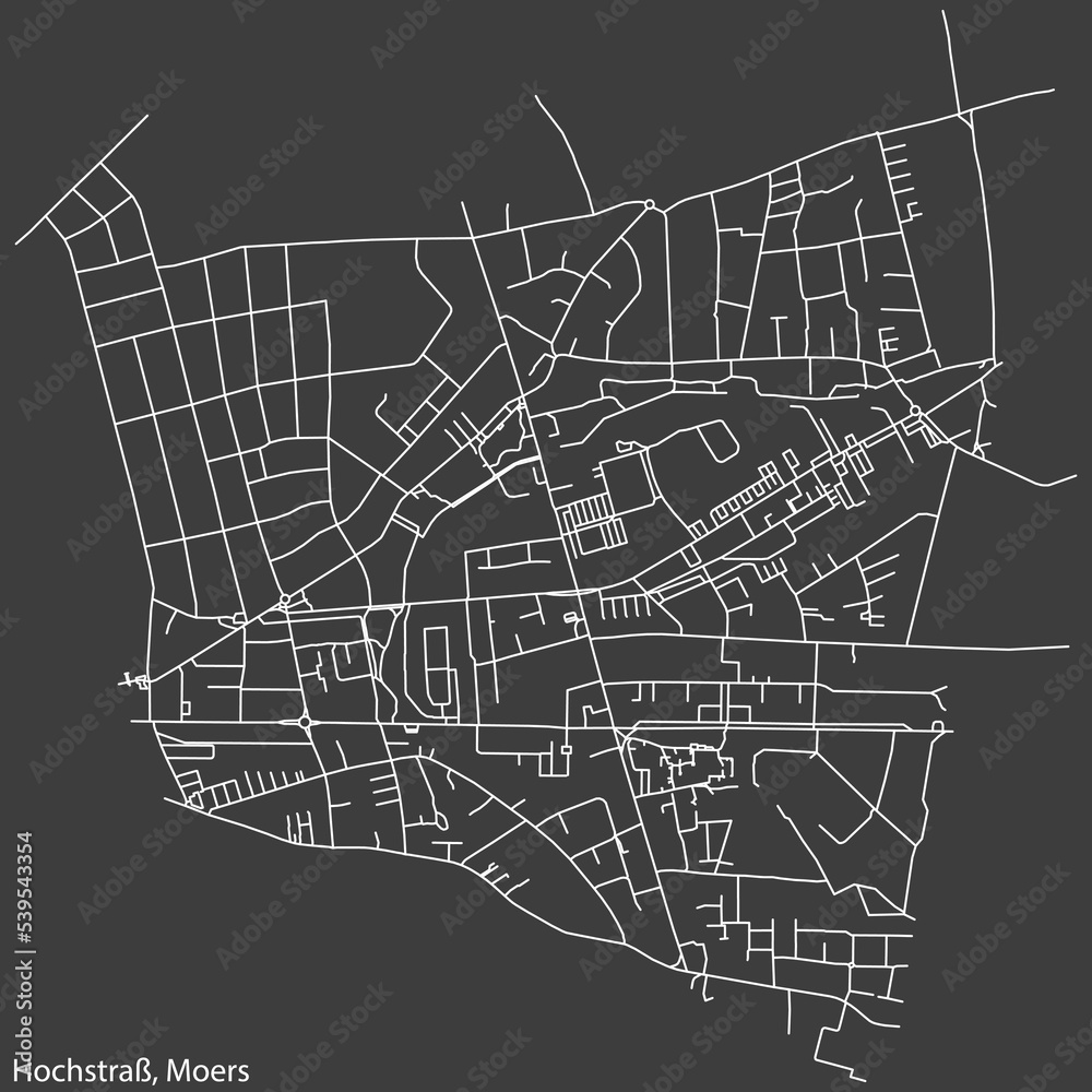 Detailed negative navigation white lines urban street roads map of the HOCHSTRASS QUARTER of the German regional capital city of Moers, Germany on dark gray background Detailed negative navigation white lines urban street roads map of the HOCHSTRASS QUARTER of the German regional capital city of Moers, Germany on dark gray background