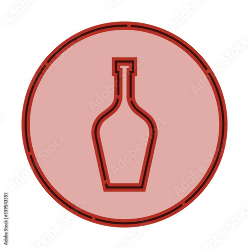 Illustration of bottle of balsam in flat style in form of thin lines. In the form of background is circle of color drinks. Isolated object design beverage. Simple icon for restaurant, pub, party