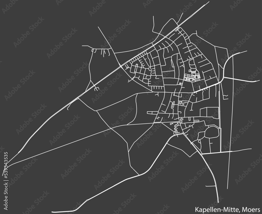 Detailed negative navigation white lines urban street roads map of the KAPELLEN-MITTE QUARTER of the German regional capital city of Moers, Germany on dark gray background