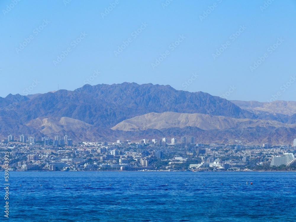 A landscape shot overlooking the Red Sea from Aqaba, Jordan