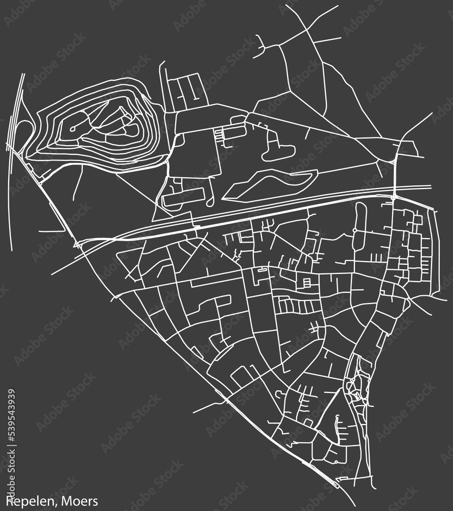 Detailed negative navigation white lines urban street roads map of the REPELEN QUARTER of the German regional capital city of Moers, Germany on dark gray background