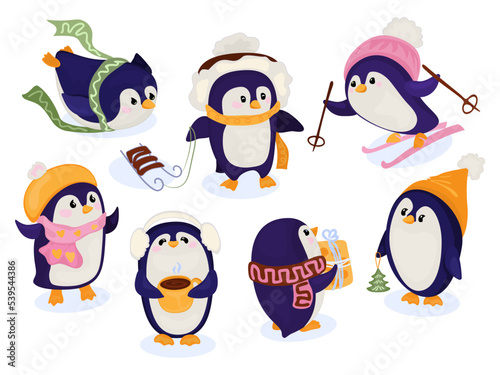 A collection depicting several cartoon penguins in hats and scarves frolicking against a snow-covered background. Winter set with penguins. 