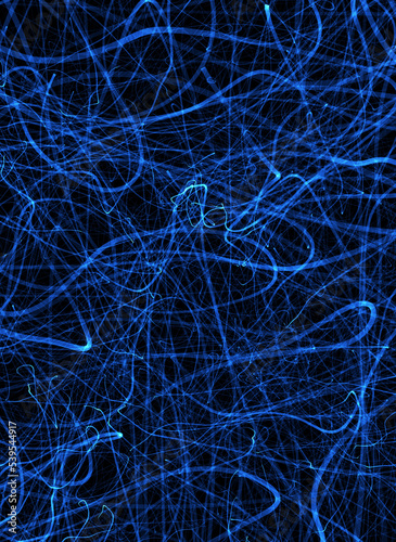 Against a black background Chaos from blue lines.
