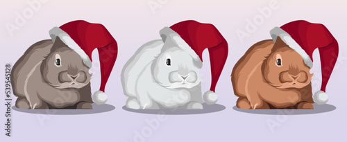 Set of different Christmas bunnies rabbits. Vector iillustration of 3 elements of white, gray, brown rabbits in Santa hats isolated. Christmas, New Year, cards, design, print concept.