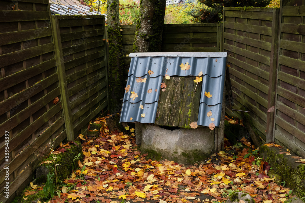 An old rustic well with a metal roof and a wooden door on a rainy autumn day. Yellow fallen leaves lie on the roof of the well. Belarus.