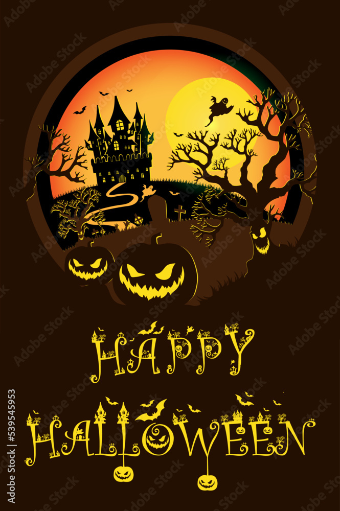 Halloween night background, pumpkins and dark castle. Halloween brown poster.