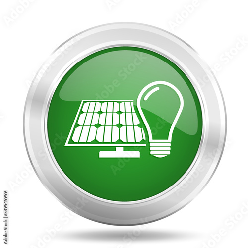 Light bulb and solar panel green glossy vector icon, silver metallic round web button