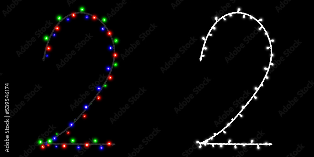 Number 2 made of electric garland with colored lights on black background with clipping mask, 3d rendering