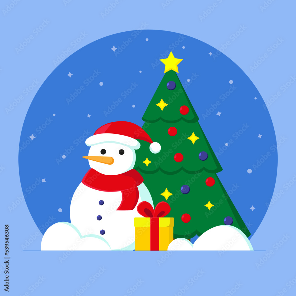 Snowman with a gift and a decorated Christmas tree on a snowy background. Vector illustration for Christmas card, poster, design, gift tags and labels. Winter festive background Snowman with a gift and a decorated Christmas tree on a snowy background. Vector illustration for Christmas card, poster, design, gift tags and labels. Winter festive background