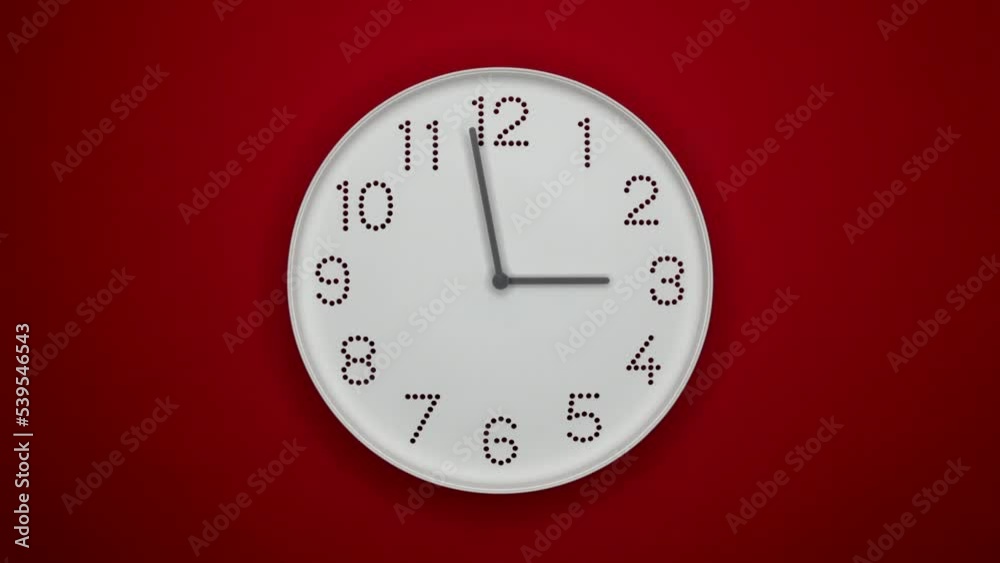 A White Wall Clock On Red Background With A Time Of 3.00 Am Or Pm. A Gray Or Grey Watch Hands. Timelapse. 4k. ProRes. A White Wall Clock On Red Background With A Time Of 3.00 Am Or Pm. A Gray Or Grey Watch Hands. Timelapse. 4k. ProRes.