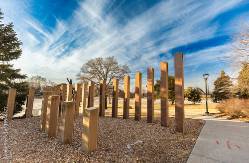 Modern Sculptures with beautiful cloudy sky at the University of Nebraska Omaha Public Campus