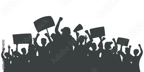 Silhouette of protesting crowd of people with raised hands and banners. Sports fan club. Peaceful protest for human rights. Demonstration, rally, strike, revolution, riot. Isolated vector illustration photo