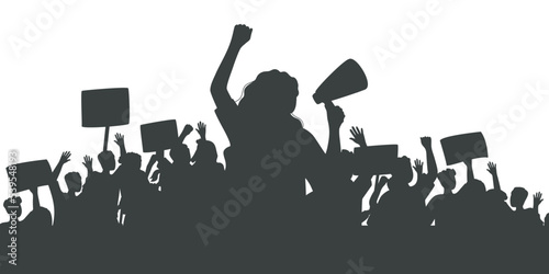 Silhouette of protesting crowd of people with raised hands and banners. Woman with loudspeaker. Peaceful protest for human rights. Demonstration, rally, strike, revolution.Isolated vector illustration photo