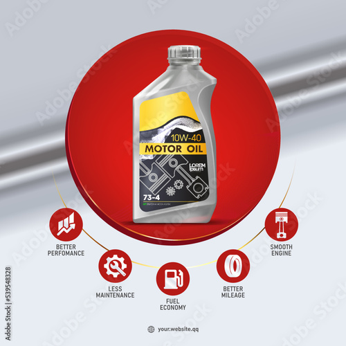Car engine oil in a plastic bottle, container. Advertising poster for instagram. Liquid specifications. Web design. Brochure. Canister of lubricating motor oil. Synthetic or mineral oil change service