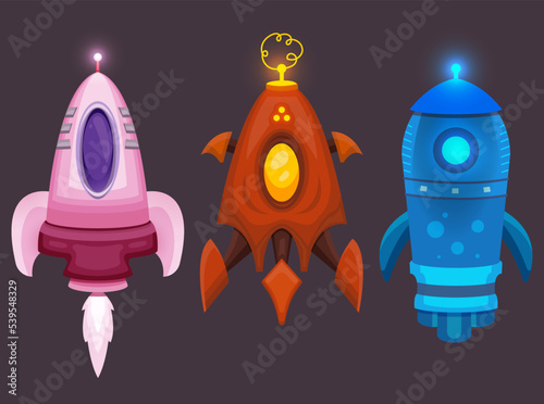 A set of game spaceships, rockets, robots, cartoon style. Dieselpunk, graphic design. Icons, props. Aliens, exploration, space travel, materials and technologies of the future.
