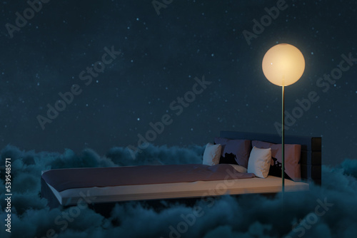 3D rendering of cozy bed illuminated by lamp. The bed flying over fluffy clouds at night photo