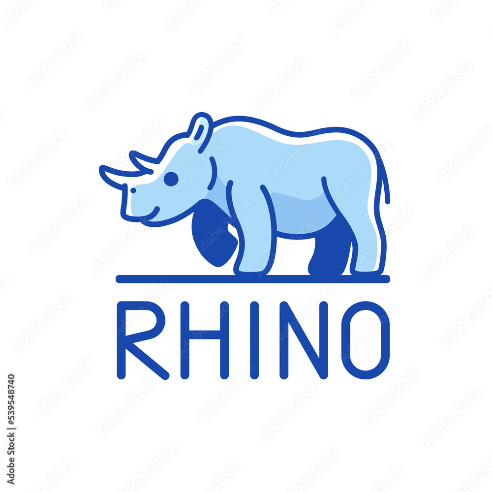 Vector logo design template - cartoon happy rhino. Contour vector illustration for logo, emblem, badge, insignia.