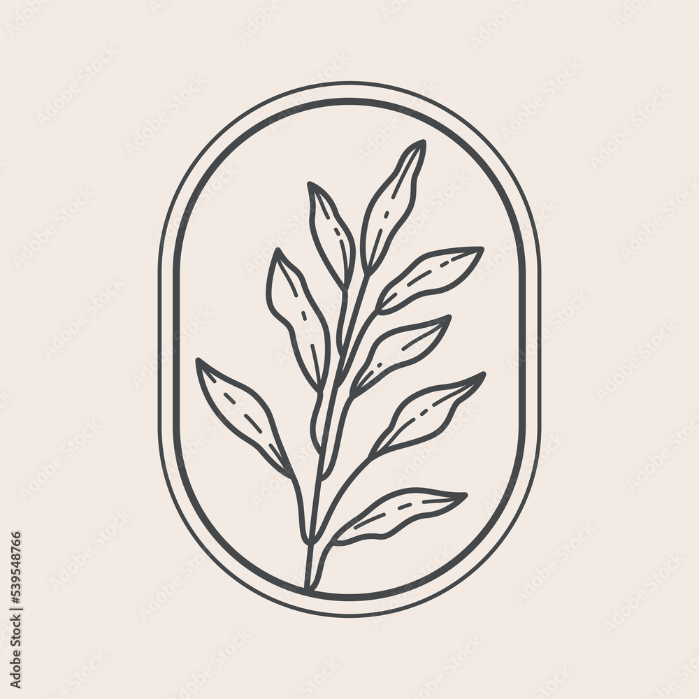 Round botanical logo frame with decorative branch in boho style. Simple contour vector illustration for packaging, corporate identity, labels, postcards, invitations. Round botanical logo frame with decorative branch in boho style. Simple contour vector illustration for packaging, corporate identity, labels, postcards, invitations.