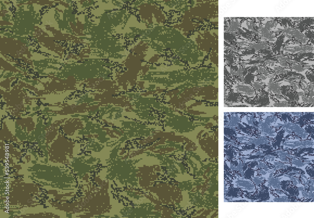 Set of camouflage seamless patterns. Pixelated shapes. Woodland, urban and navy color scheme.