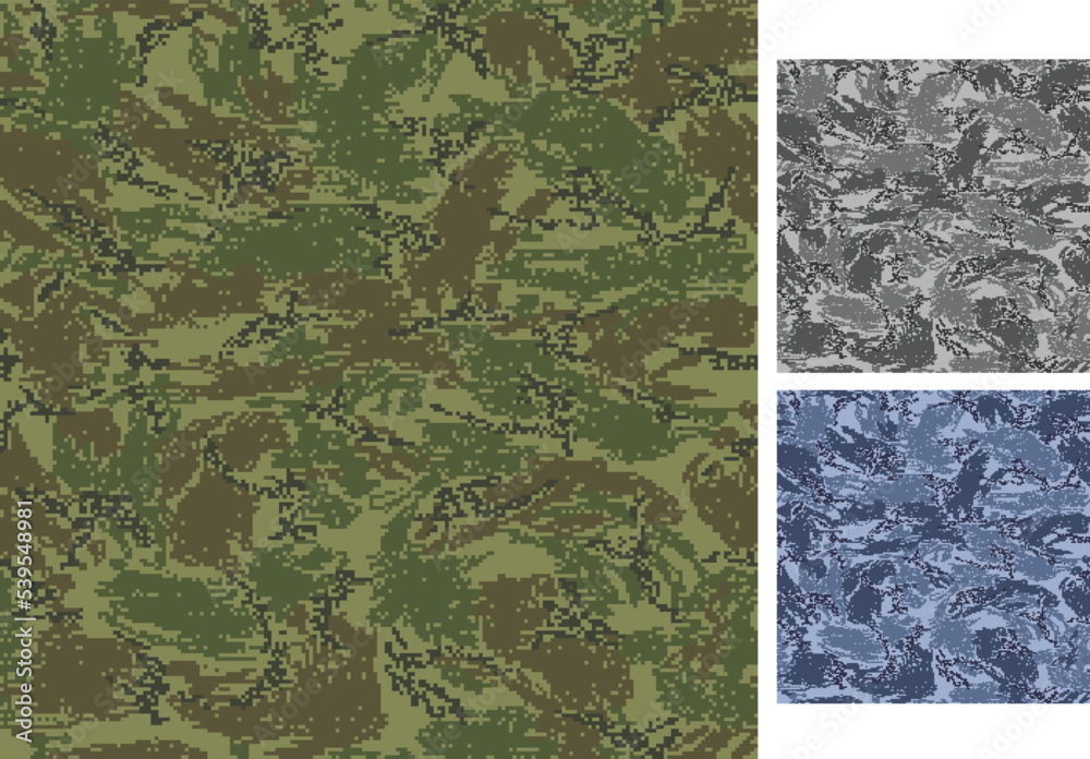 Set of camouflage seamless patterns. Pixelated shapes. Woodland, urban and navy color scheme. Set of camouflage seamless patterns. Pixelated shapes. Woodland, urban and navy color scheme.