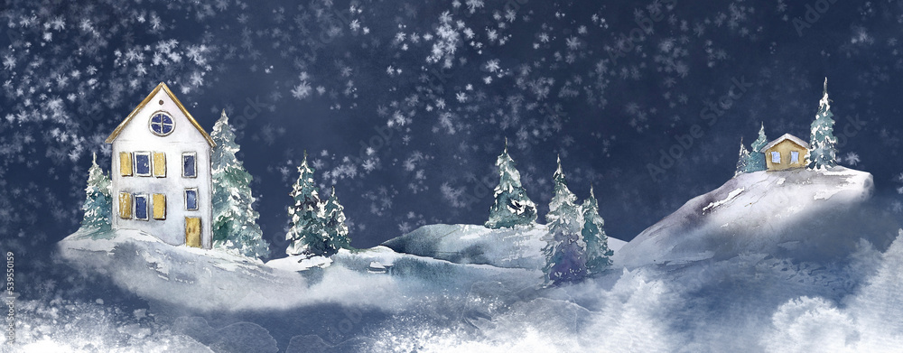 Naklejka premium Winter christmas illustration card cottage house illustration