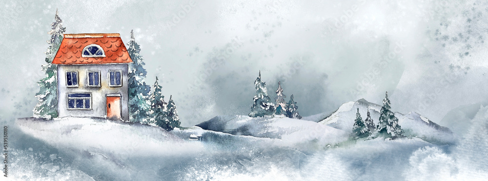 Naklejka premium Winter christmas illustration card cottage house illustration