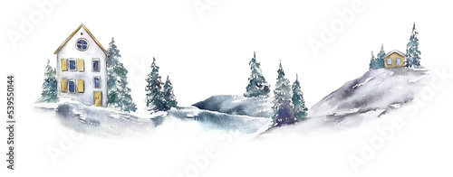 Fototapeta Naklejka Na Ścianę i Meble -  Winter christmas illustration card cottage house illustration