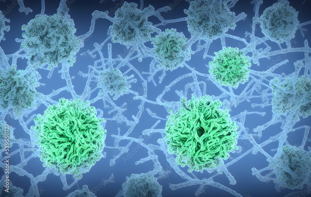 corona virus 2019-ncov flu outbreak, covid-19 illustration, 3d banner, microscopic view of floating influenza virus cells