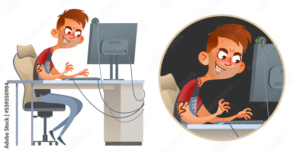 A cartoon computer troll (or maybe a hacker) enjoying his work with a sinister smile. Vector illustration. Оn a dark background and isolated on white. 