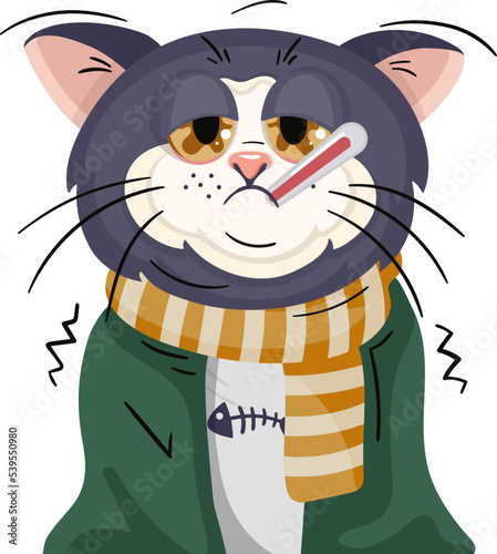Tablou canvas Cute sick cat with fever is wrapped in a yellow striped scarf, wrapped in a green blanket and holds a thermometer in his mouth