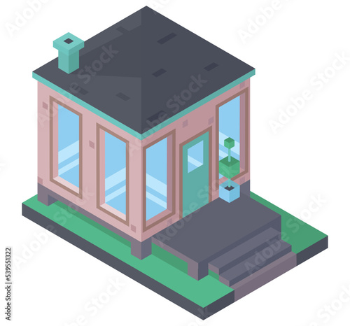 Isometric vector private house. Dark gray roof with chimney and beige walls. Large windows and glass doors. Green lawn, porch and tree in a pot. Square composition.