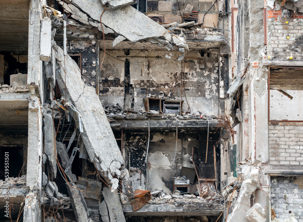 destroyed and burned houses in the city during the war in Ukraine