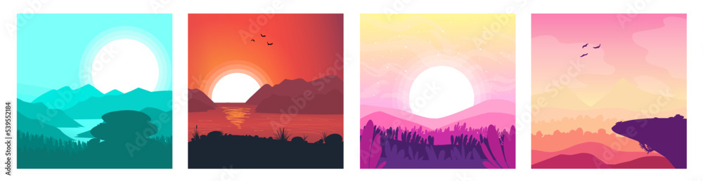 Collection Nature vector background, landscape with mountains and sun. Panorama of mountains, wilderness, sands, valley on sunset or sunrise.