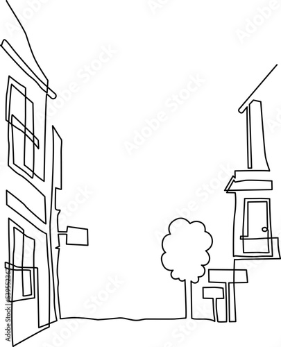 Urban landscape. Ancient building. Landscape of streets with low houses and old street lamps. Continuous line drawing. Vector illustration.