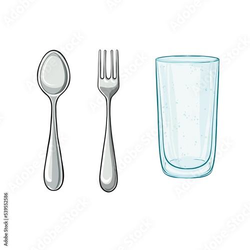 Fork spoon and glass transparent on white background