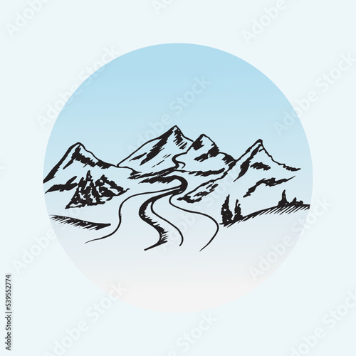 Mountains landscape. Line art mountains and rocks on blue background in circle. Wanderlust icon. Travelling the world. Vector Illustration for travelling blog banner poster equipment shop. Adventure