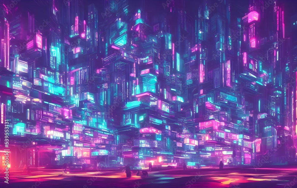 Science fiction neon city night panorama. illustration of dark futuristic scifi city lit with