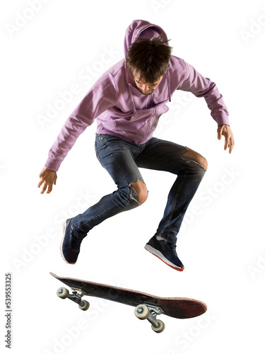 Skateboarder doing a jumping trick isolated