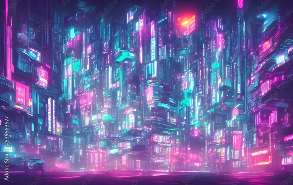 Fototapeta premium Spectacular nighttime in cyberpunk city of the futuristic fantasy world features skyscrapers, flying cars, and neon lights. Digital art 3D illustration. Acrylic painting.