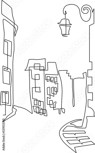 Urban landscape. Ancient building. Landscape of streets with low houses and old street lamps. Continuous line drawing. Vector illustration.