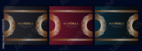 Set of abstract gold luxury mandala background vector template, Circular ornamental arabesque pattern for poster, cover, brochure, flyer. Red, green, blue background with ethnic floral mandala element