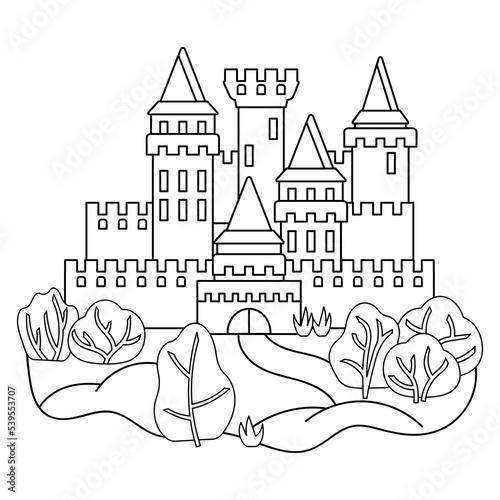 Fairytale castle. Coloring book page for Kids. Landscape with Towers and wall of an ancient castle . Children art game. Hand drawn Vector illustration.