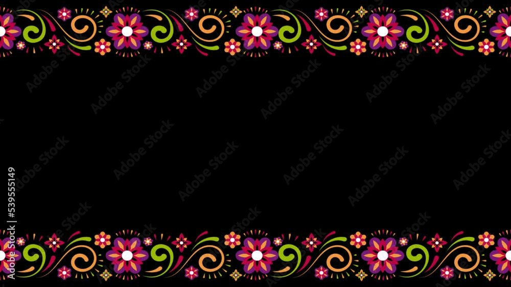 Mexican, Floral ornament, decorative frame. Traditional folk pattern frame with flowers. Looped aimation with alpha channel