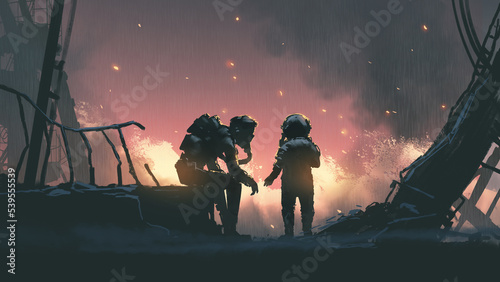 silhouette of a man and a child wearing protective suit sitting against the background of post apocalypse, digital art style, illustration painting photo