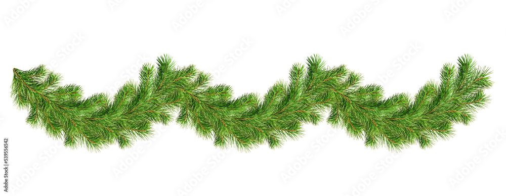 Green pine twigs in a Christmas garland isolated on transparent background - obrazy, fototapety, plakaty 