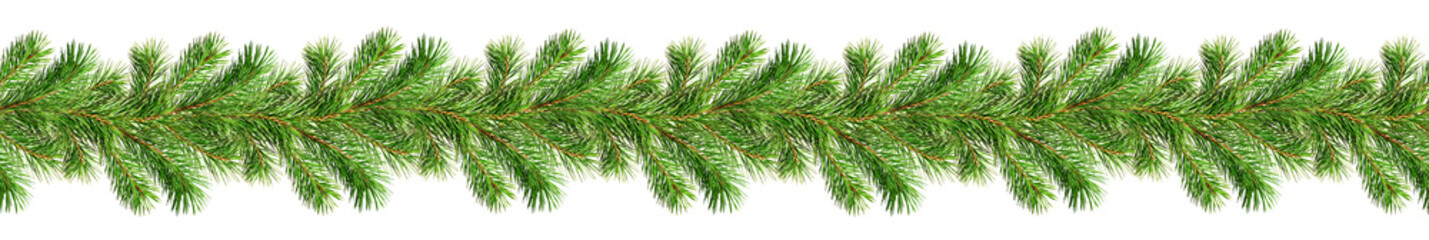 Seamless pattern of Christmas garland from green pine twigs isolated on transparent background