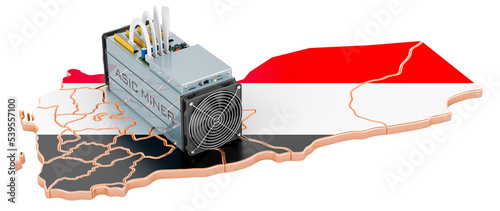 Mining in Yemen, concept. ASIC miner with Yemeni flag. 3D rendering